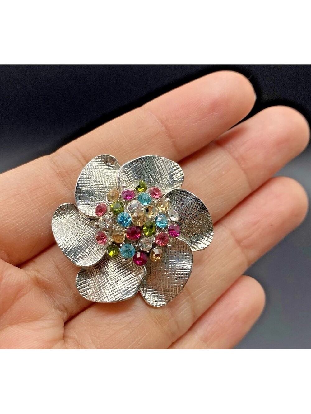 Silver-Tone Statement Ring Flower Multicolored Rhinestone Cocktail Ring Sz 6-8
